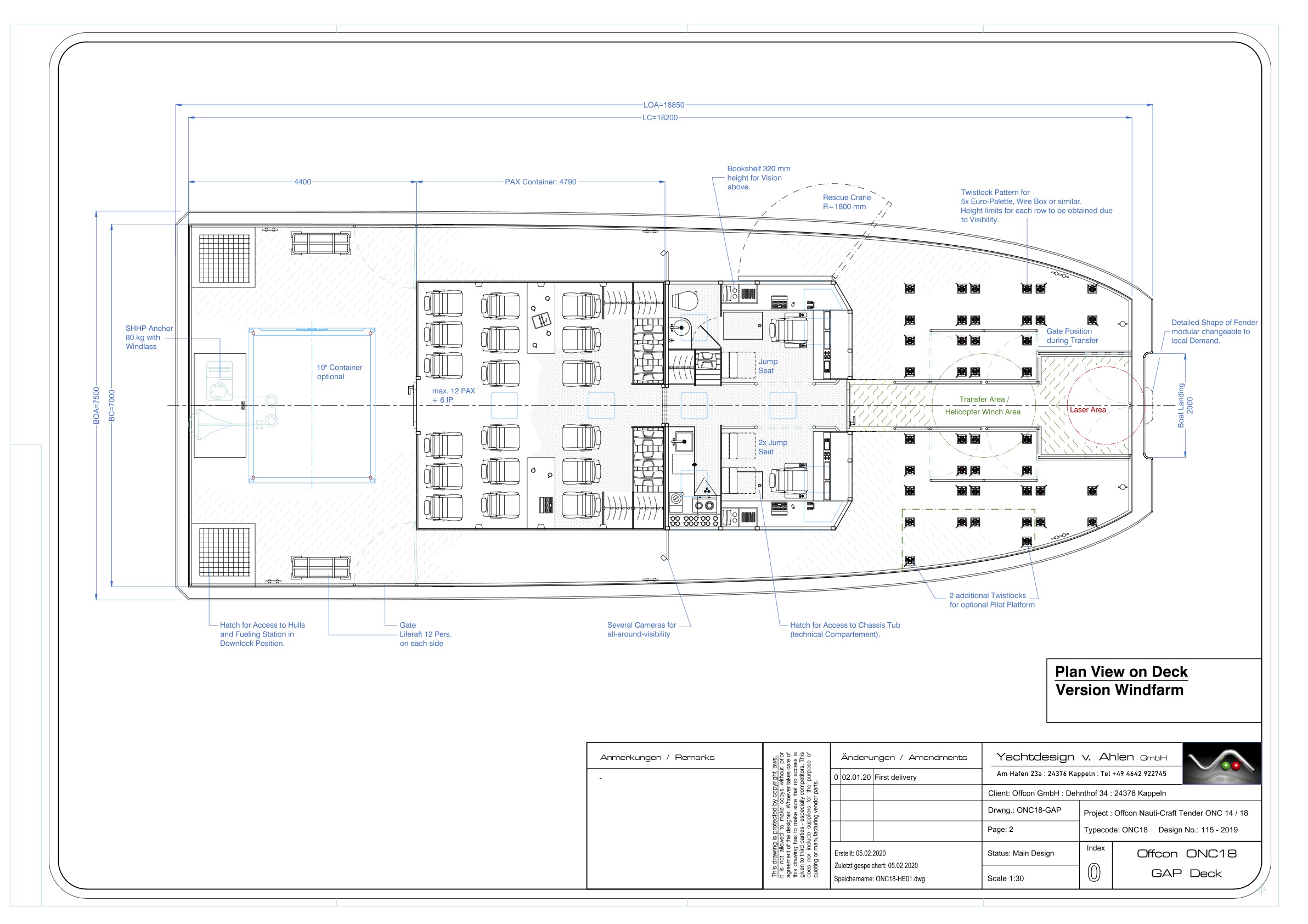 ></center></p><h2>General Arrangement</h2><p>The general arrangement of the WB-18 is still under development. The following drawings offer a basic idea of the final result.</p><p>For details click here</p><h2>Wave performance simulation (ADAMS)</h2><p>ADAMS simulations of the latest vessel design of the WB-18 show stunning results. Even at 2,0m Hs, the vessel is easily fulfilling the Carbon Trust definition of a safe transfer in all angles of attack.</p><h2>Carbon Trust Definition of a 